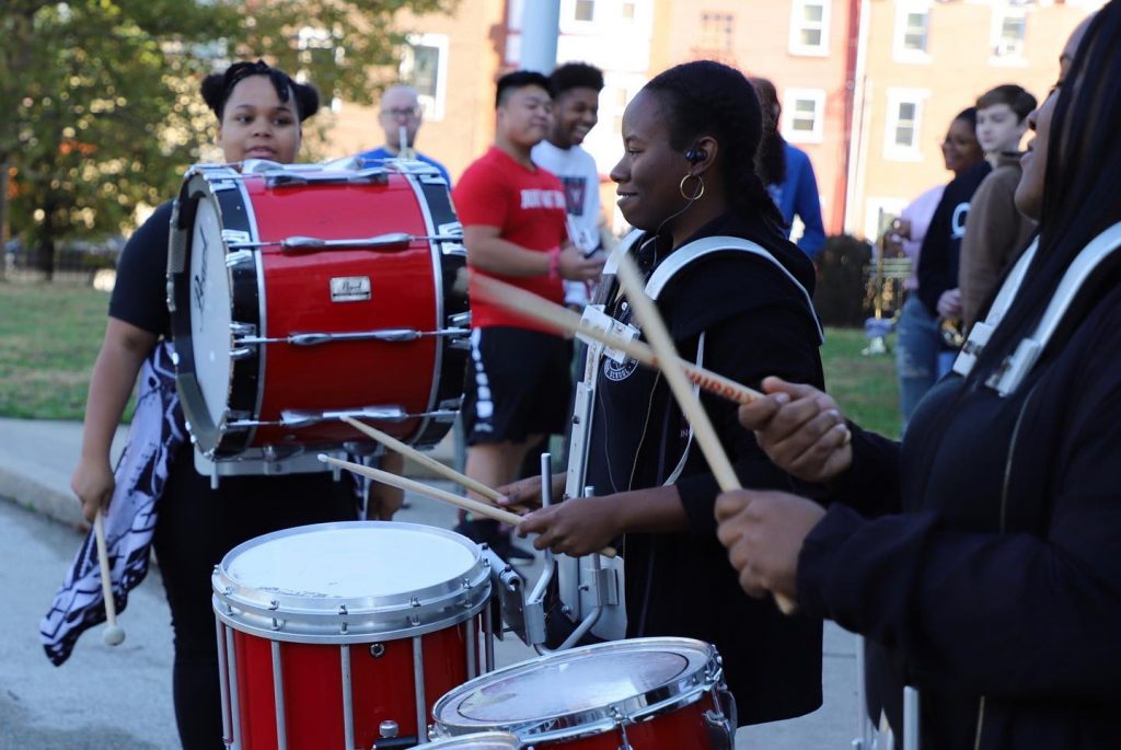 Scholars from the Strawberry Mansion HS all-female drumline performed at the School District of Philadelphia’s Homecoming event hosted by CAPA High School.